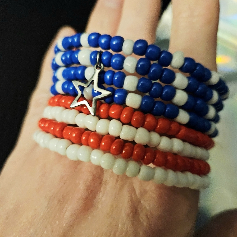 Hand Crafted Red, White & Blue Beaded Wrap Bracelet - Picture 7 of 9
